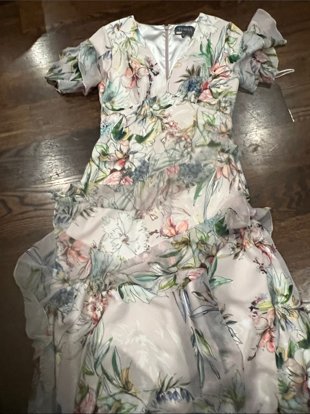 Theia Pastel Floral Maxi Dress in Cream with Pink and Green Accents